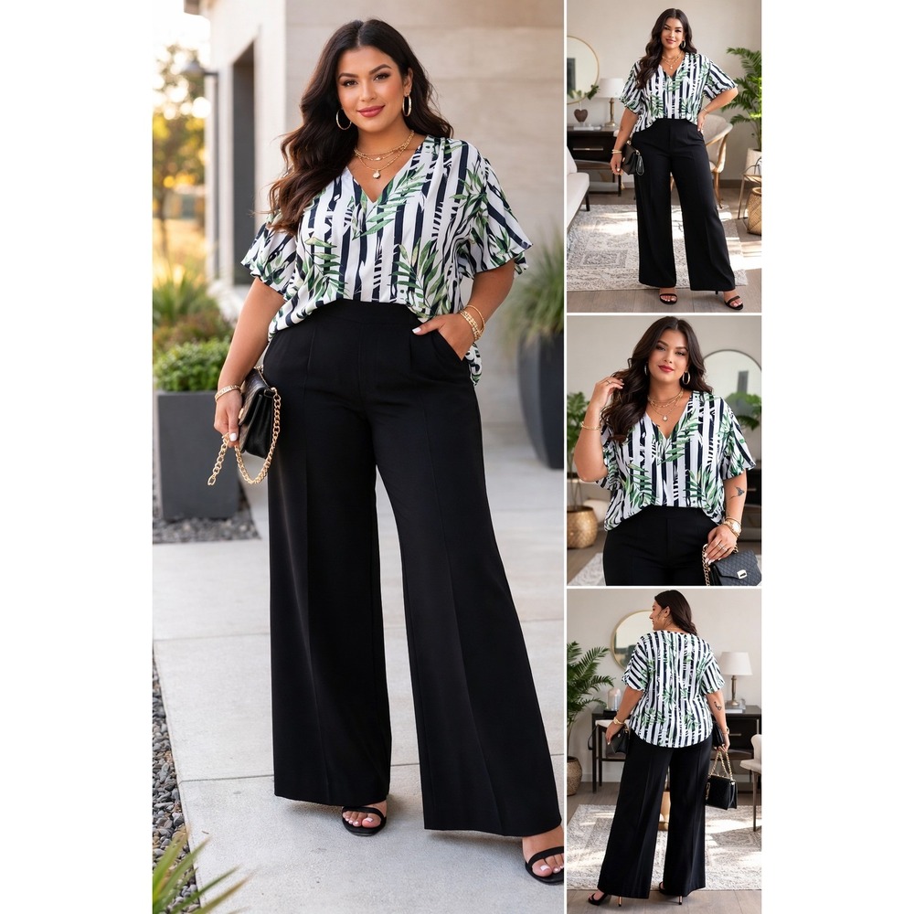 Ashley Stewart Womens 18/20W Tropical Palm Stripe V-Neck Flutter Sleeve Blouse